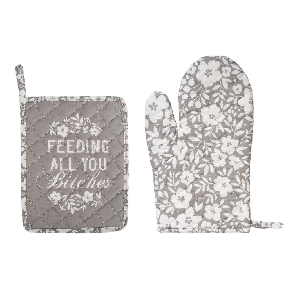 SALE Feed Bitches Pot Holder & Oven Mitt S/2: Gray / 100% Cotton