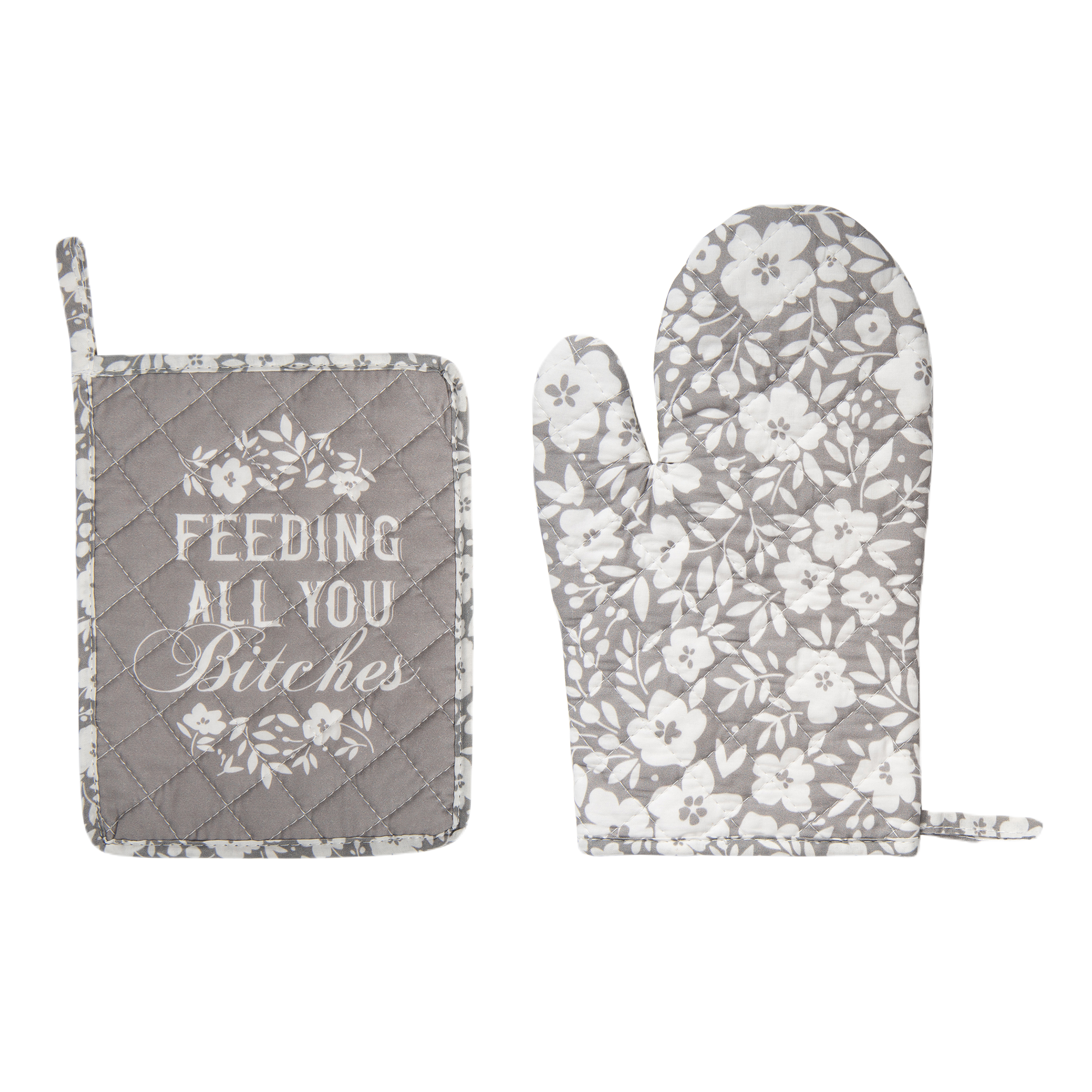 SALE Feed Bitches Pot Holder & Oven Mitt S/2: Gray / 100% Cotton