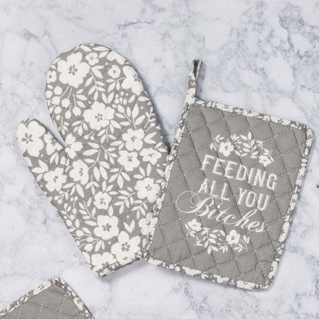 SALE Feed Bitches Pot Holder & Oven Mitt S/2: Gray / 100% Cotton
