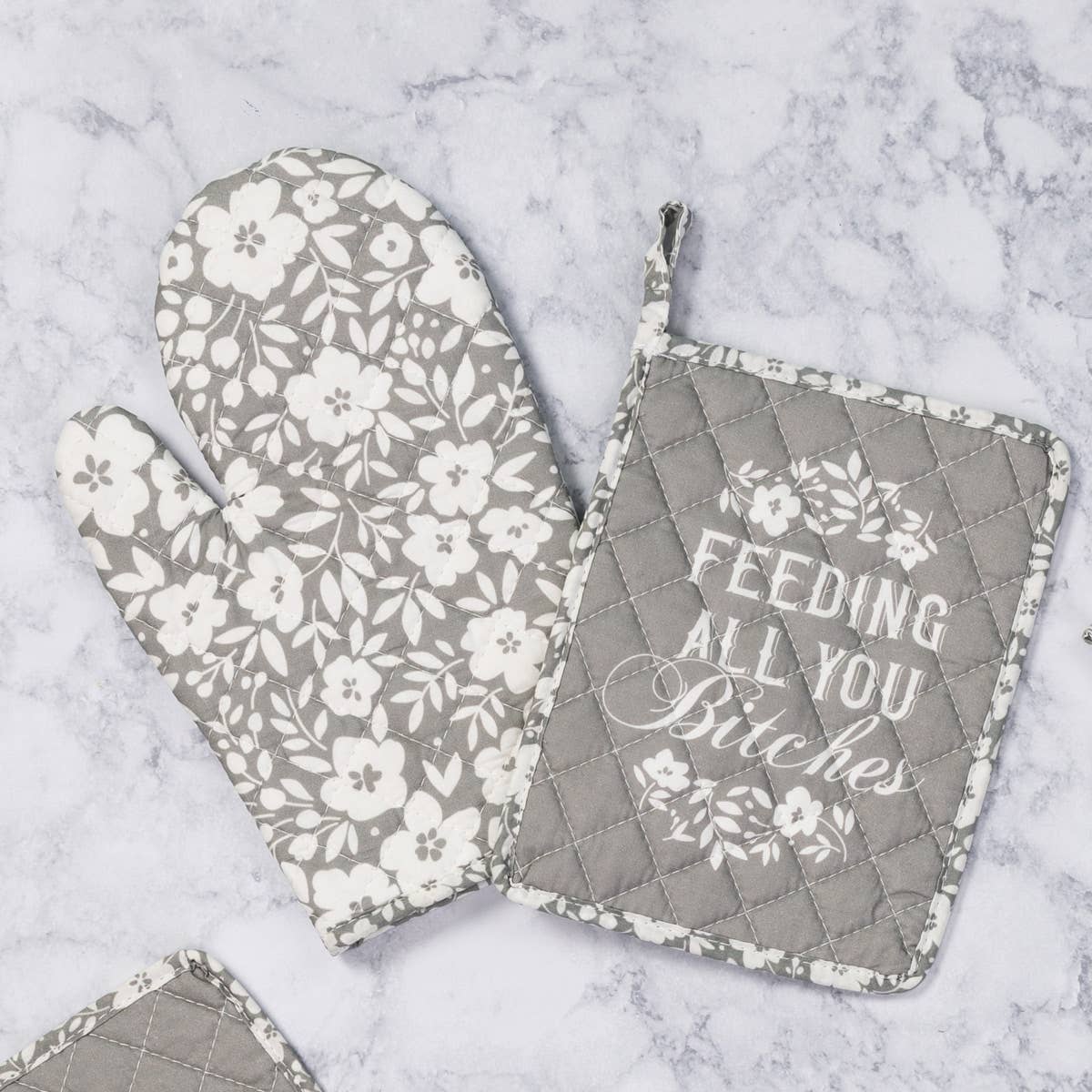 SALE Feed Bitches Pot Holder & Oven Mitt S/2: Gray / 100% Cotton
