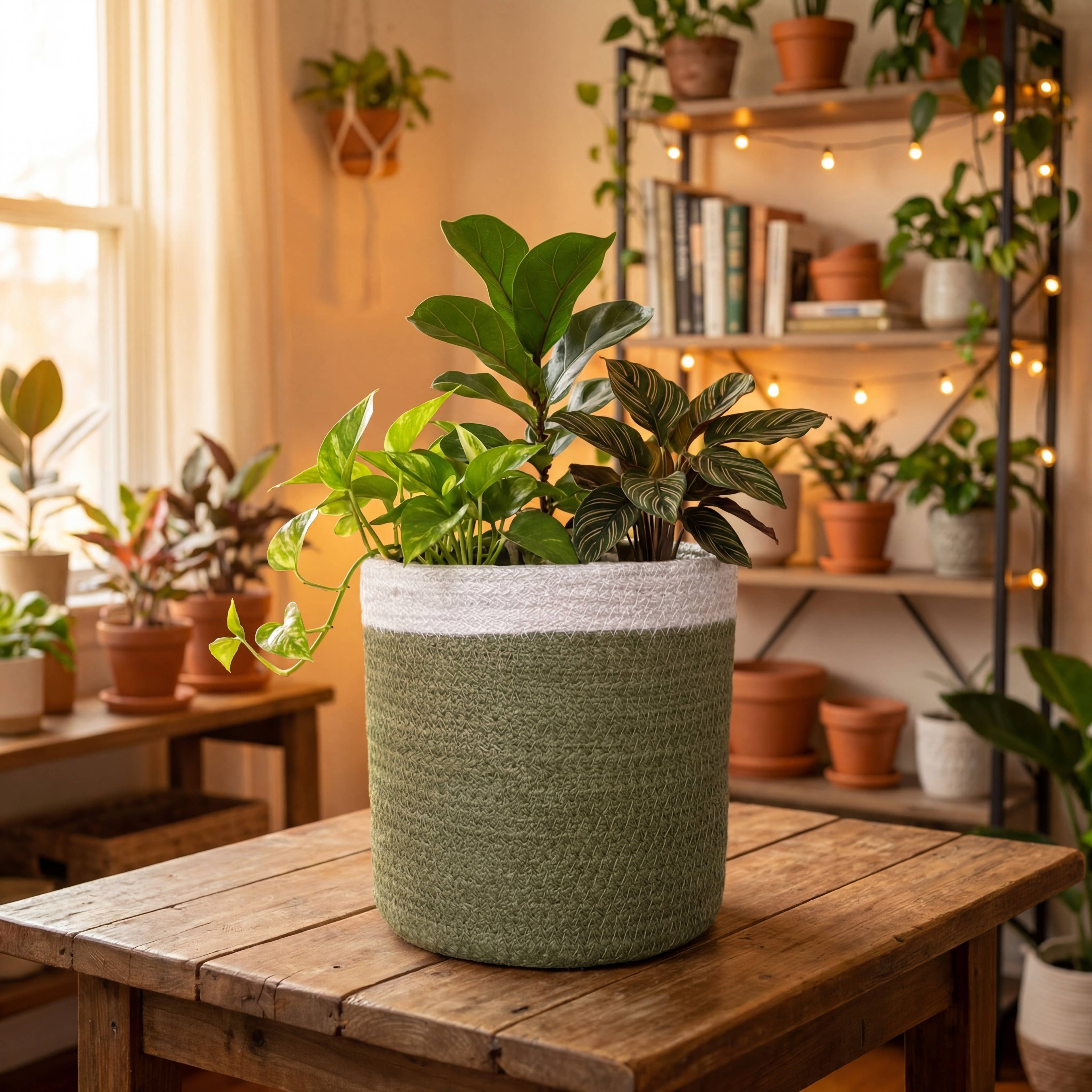 Olive Green Braid Jute Planter(set/5) (8",7",6",5",4")Basket